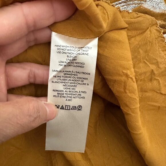 Anthropologie Maeve Flowy Mini Dress Tie Neck Long Cuffed Sleeve Gold Metallic L - Picture 15 of 16